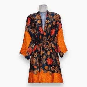 Elegant Orange Black Silk Floral Kimono Bathrobe - Luxurious and Stylish
