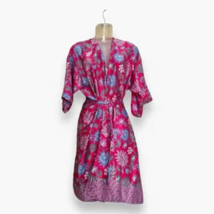 Elegant Pink Floral Silk Kimono Bathrobe - Luxurious and Stylish