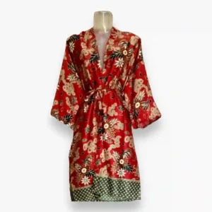 Elegant Red Floral Silk Kimono Bathrobe - Luxurious and Comfortable