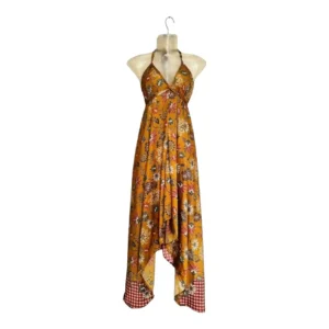 Gold Floral Silk Maxi Dress - Elegant and Radiant